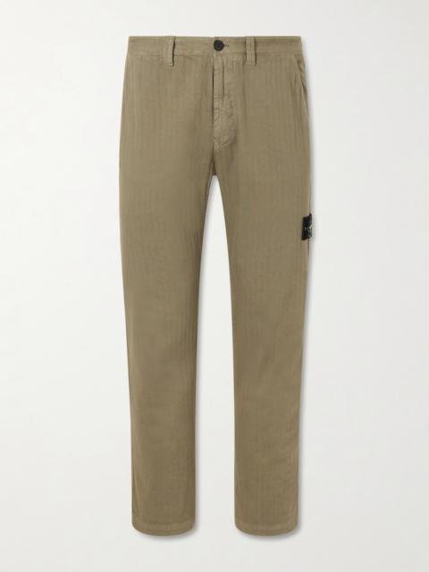 Stone Island Logo-Appliquéd Straight-Leg Herringbone Cotton Trousers