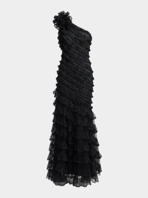 MAC DUGGAL One-Shoulder Mesh-Lace Trumpet Gown