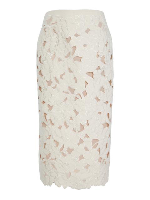 Oscar de la Renta Embroidered Cutout Tweed Midi Skirt ivory