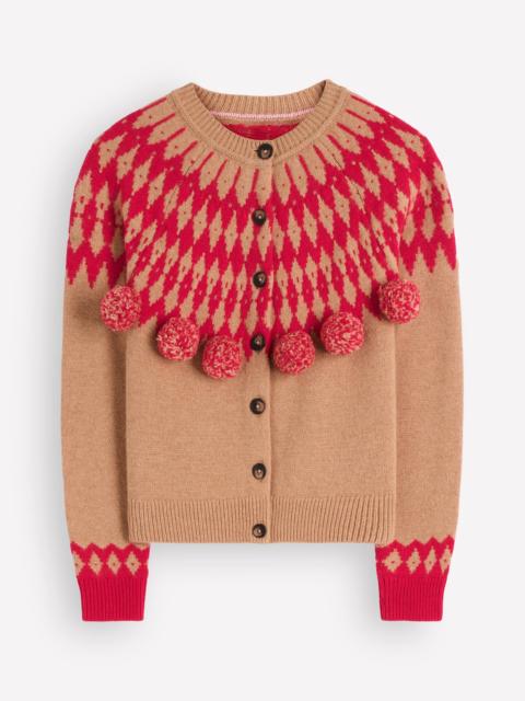 BODEN Mae Fair Isle Cardigan-Camel, Red pom pom