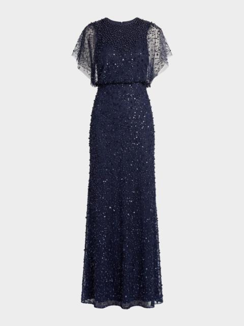 MAC DUGGAL Beaded Sequined Shawl Gown