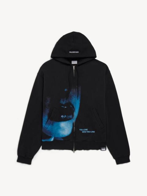 BALENCIAGA Men's Lips Oversized Zip-up Hoodie in Black
