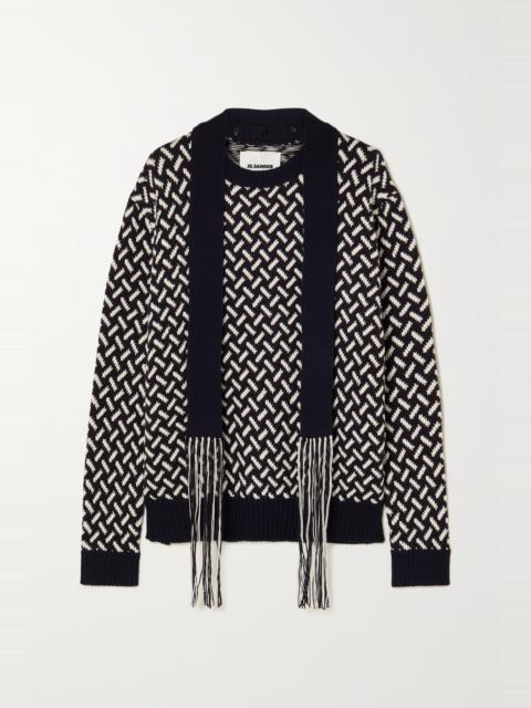 Jil Sander Fringed tie-neck intarsia wool sweater