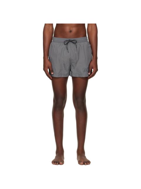 BOSS Gray Outline Logo Print Swim Shorts