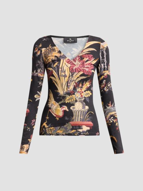 Etro Women's Printed V-Neck Long-Sleeve Top - Printed Black
