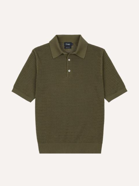 Drake's Olive Waffle Knit Cotton Short-Sleeve Polo Shirt
