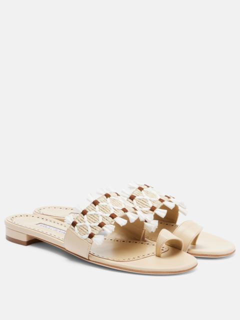Manolo Blahnik Brava raffia-trimmed leather sandals