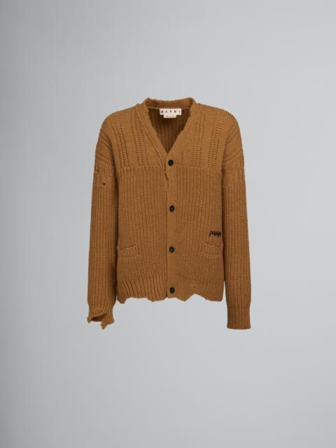 Marni BROWN VIRGIN WOOL CARDIGAN WITH NIBBLED HEM