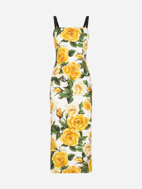 Draped charmeuse dress with yellow rose print