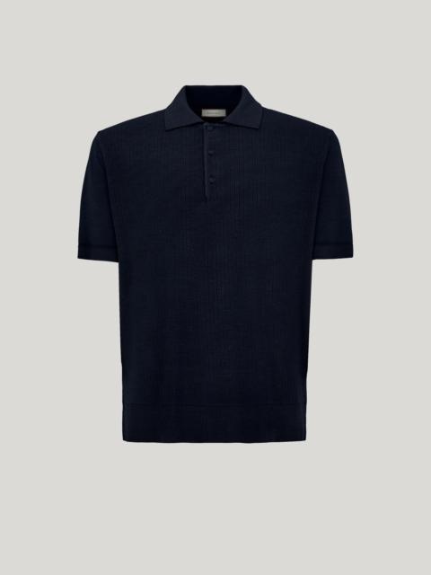 Canali NAVY BLUE WOOL AND SILK FLAT-RIB POLO SHIRT