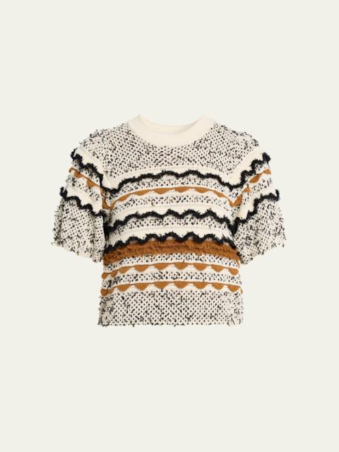 ULLA JOHNSON Andira Short-Sleeve Textured Stripe Sweater