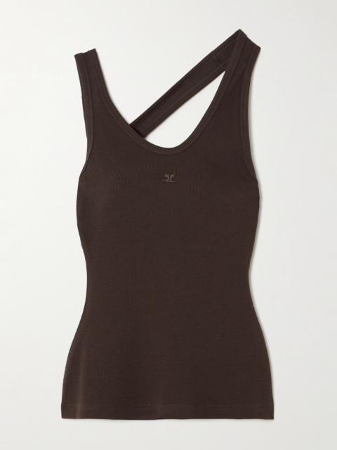 courrèges Asymmetric Embroidered Ribbed Stretch Cotton-jersey Tank