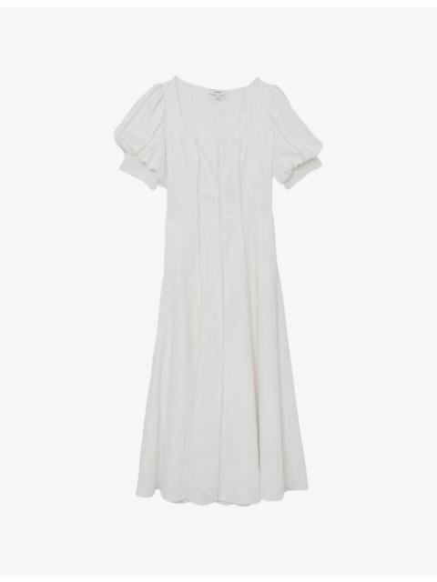 REISS Riva Puff-Sleeved Linen Midi Dress