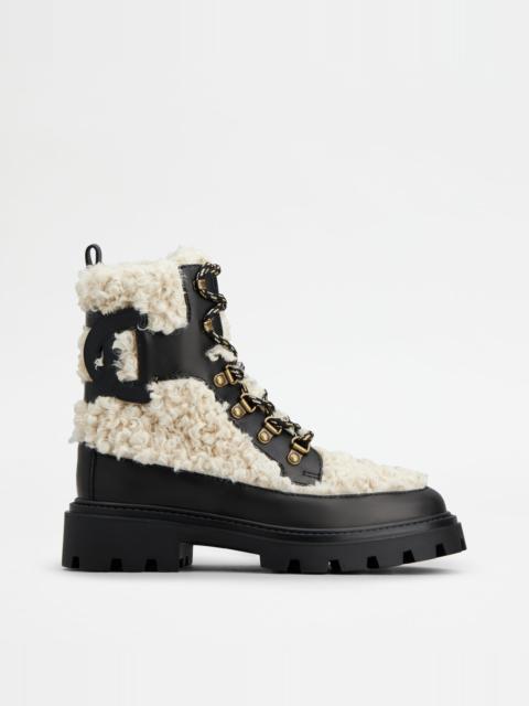 Tod's KATE ANKLE BOOTS IN BOUCLÉ FABRIC AND LEATHER - BLACK, OFF WHITE