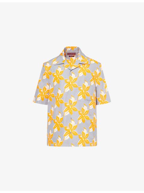 GUCCI Twist Floral-Print Short-Sleeve Cotton Shirt