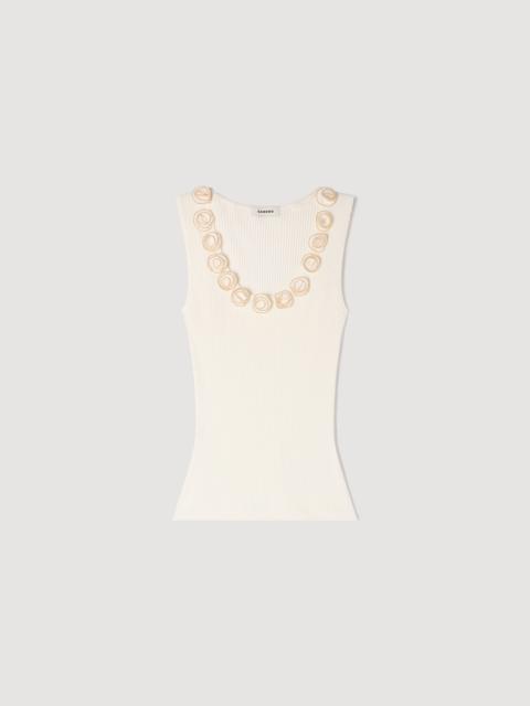 Sandro RIBBED KNIT TOP WITH BEADED ROSES