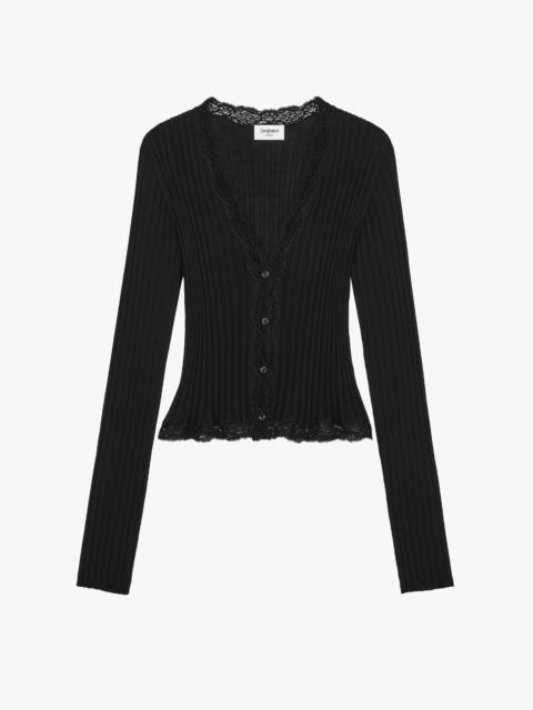 SAINT LAURENT LACED CARDIGAN IN RIBBED WOOL, CASHMERE, AND SILK