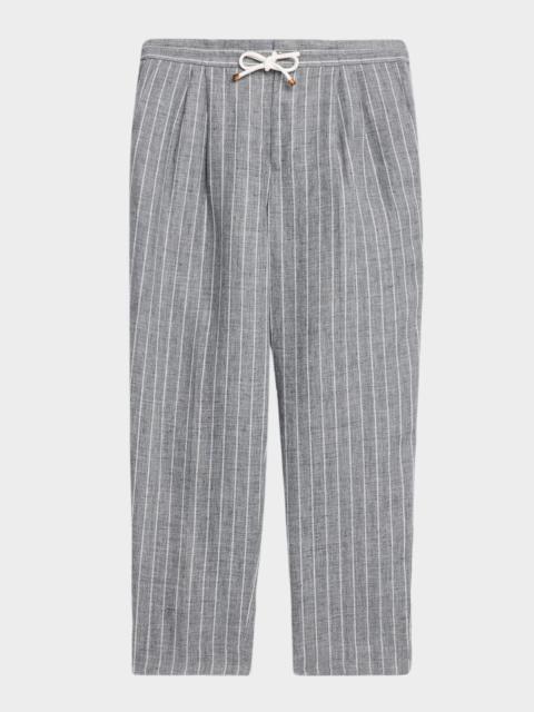 Brunello Cucinelli Men's Linen Pinstripe Pleated Drawstring Trousers