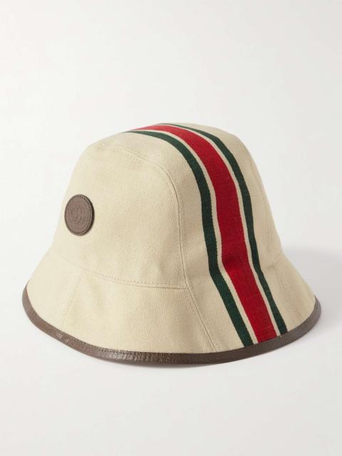 GUCCI Leather-Trimmed Striped Linen Bucket Hat