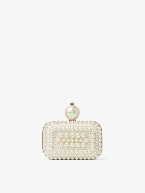 JIMMY CHOO Micro Cloud
White Suede Clutch Bag with All-Over Pearl Embellishment