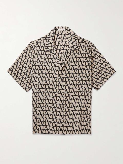 Valentino Camp-Collar Logo-Print Silk Crepe de Chine Shirt