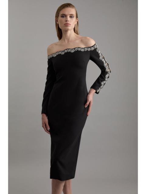 KAREN MILLEN Crystal Embellished Scalloped Bardot Tailored Midaxi Dress