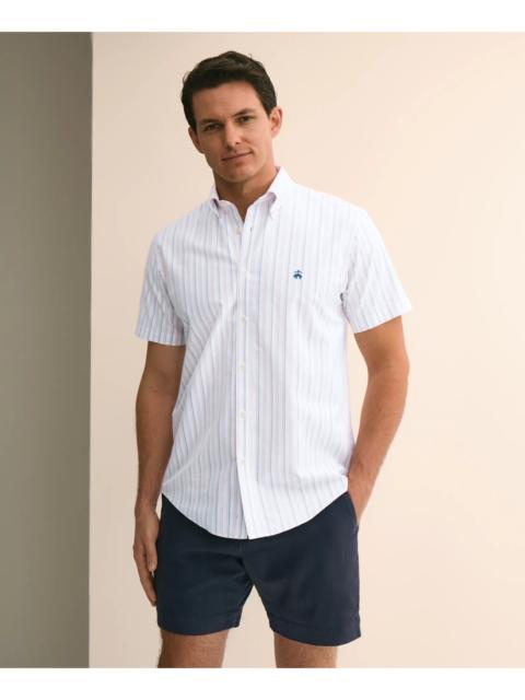 Brooks Brothers Stretch Cotton Non-Iron Oxford Polo Button Down, Double-Stripe Short Sleeve Sport Shirt