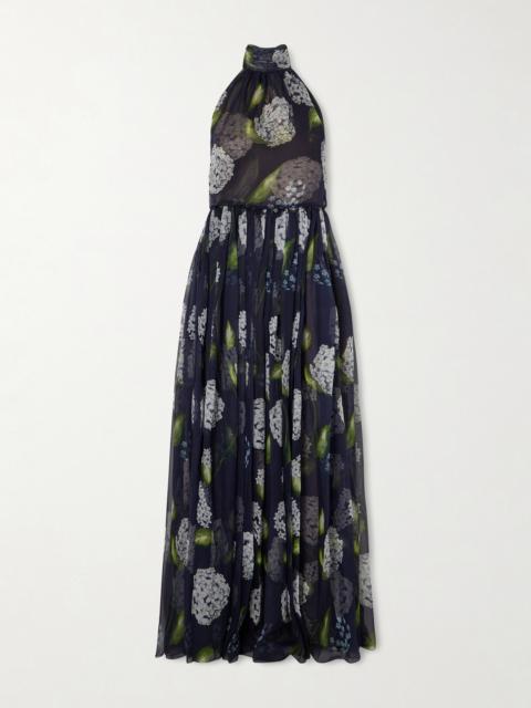 Oscar de la Renta Floral-print Gathered Silk-chiffon Halterneck Gown