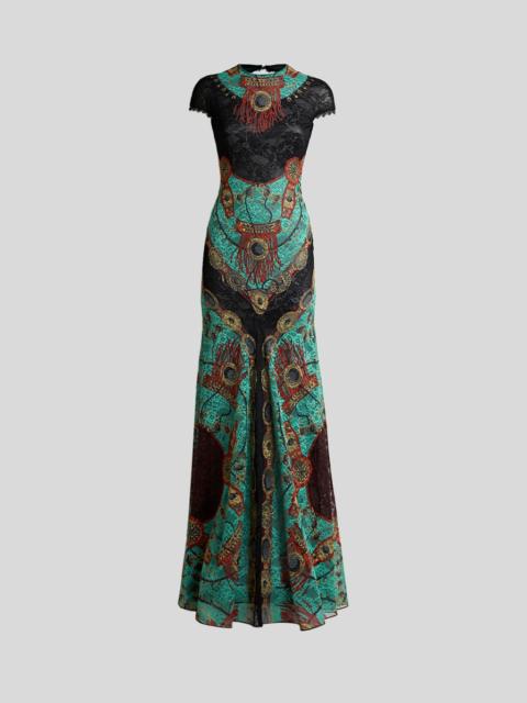 Etro LONG DRESS IN JERSEY WITH LACE AND PLACED JEWELLERY PRINT