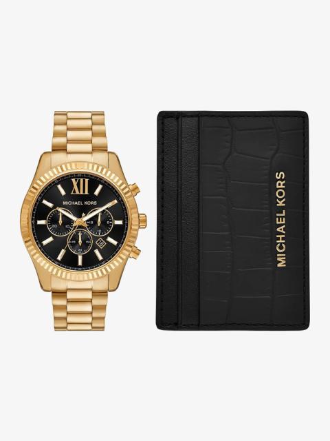 MICHAEL KORS Oversized Lexington Gold-Tone Watch and Crocodile Embossed Leather Card Case Gift Set
