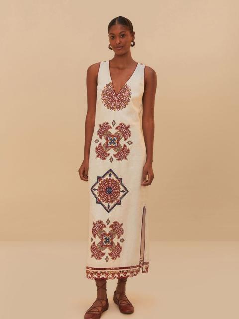 FARM RIO Off-White Marys Tiles Richelieu Euroflax™ Premium Linen Midi Dress