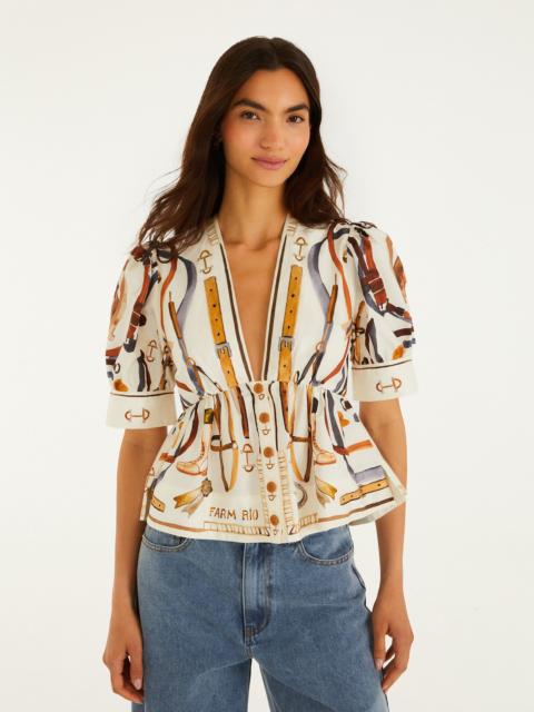 FARM RIO Off-White Equestrian Scarf Short Puff Sleeve Blouse