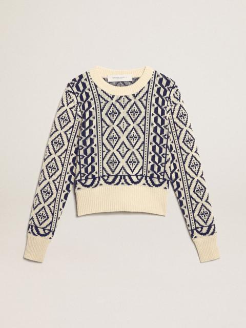 Golden Goose Cropped round-neck sweater with parchment and blue geometric pattern