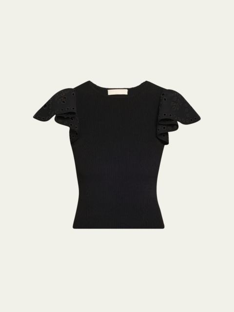 Edith Knit Ruffle-Sleeve Top