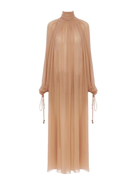 MOCK-NECK GATHERED LONG DRESS IN SILK GEORGETTE