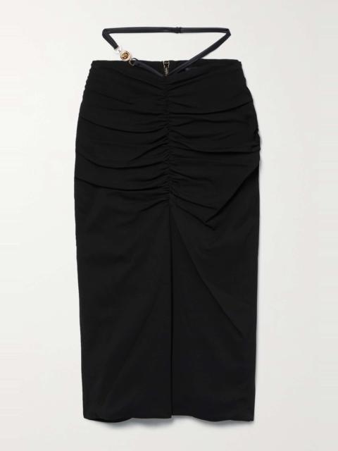 Embellished ruched crepe midi skirt