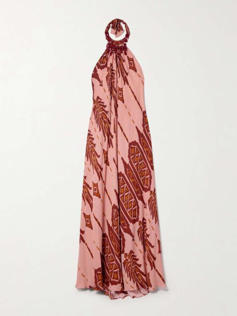 Johanna Ortiz Mohican Song printed silk-crepe halterneck maxi dress and necklace