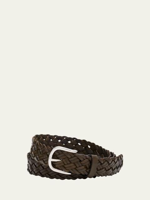 Brioni Men's Woven Leather Rounded-Buckle Belt