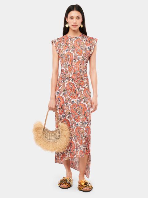 rabanne PAISLEY PRINTED DRAPÉ PRESSION DRESS WITH SIGNATURE PIERCING