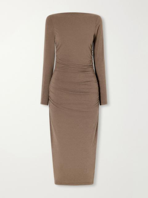 JAMES PERSE Ruched gathered cotton-blend midi dress Taupe