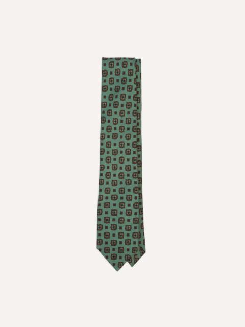 Drake's Green Flower Medallion Print Silk Self Tipped Tie