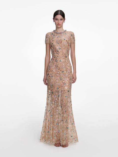 self-portrait Champagne Sequin Embroidered Maxi Dress