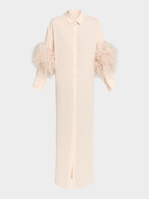LAPOINTE Feather-Trim Long-Sleeve Georgette Maxi Shirtdress