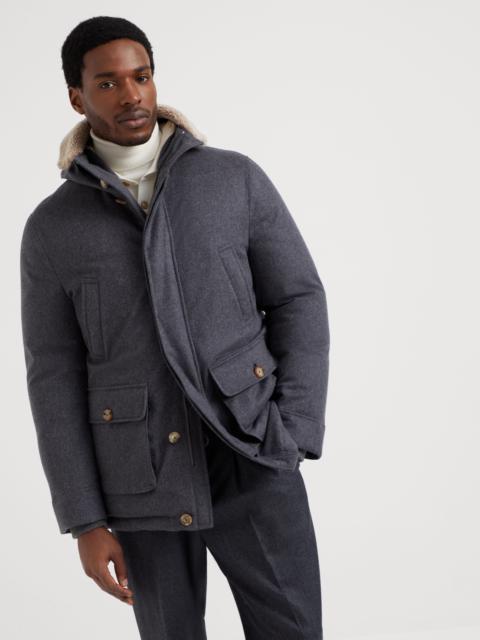 Bonded wool flannel hooded down parka with shearling insert