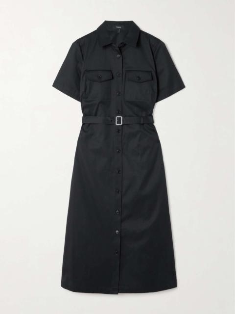 Theory Belted cotton-blend twill midi shirt dress Black
