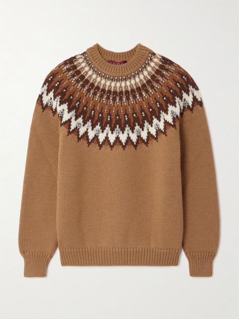 GUCCI Crystal-embellished Fair Isle wool-blend sweater Camel