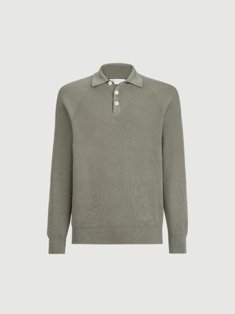 Brunello Cucinelli Cotton English rib knit polo with long raglan sleeves