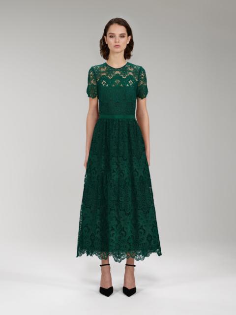 Dark Green Floral Guipure Midi Dress