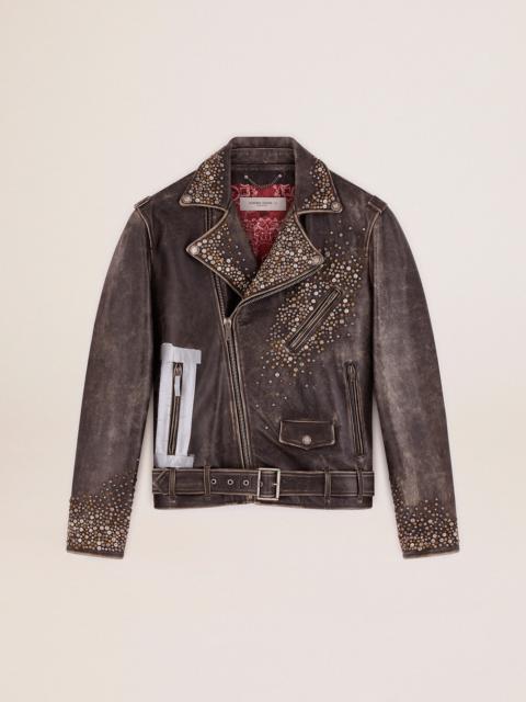 Golden Goose Men's leather biker jacket with hammered studs and adhesive tape