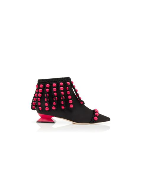 Black and Pink Satin Pom Pom Ankle Boots